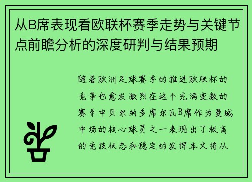 从B席表现看欧联杯赛季走势与关键节点前瞻分析的深度研判与结果预期