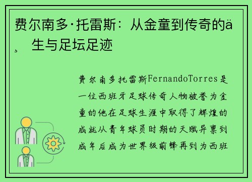 费尔南多·托雷斯：从金童到传奇的一生与足坛足迹