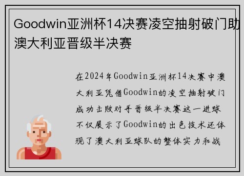 Goodwin亚洲杯14决赛凌空抽射破门助澳大利亚晋级半决赛 Goodwin亚洲杯14决赛凌空抽射破门助澳大利亚晋级半决赛