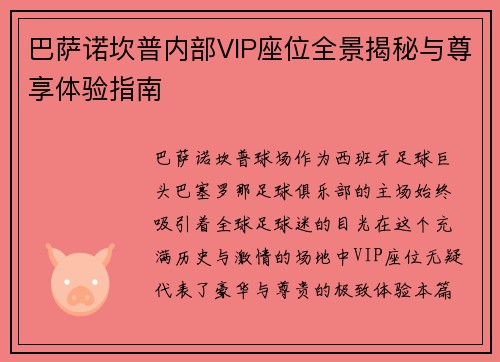 巴萨诺坎普内部VIP座位全景揭秘与尊享体验指南 巴萨诺坎普内部VIP座位全景揭秘与尊享体验指南